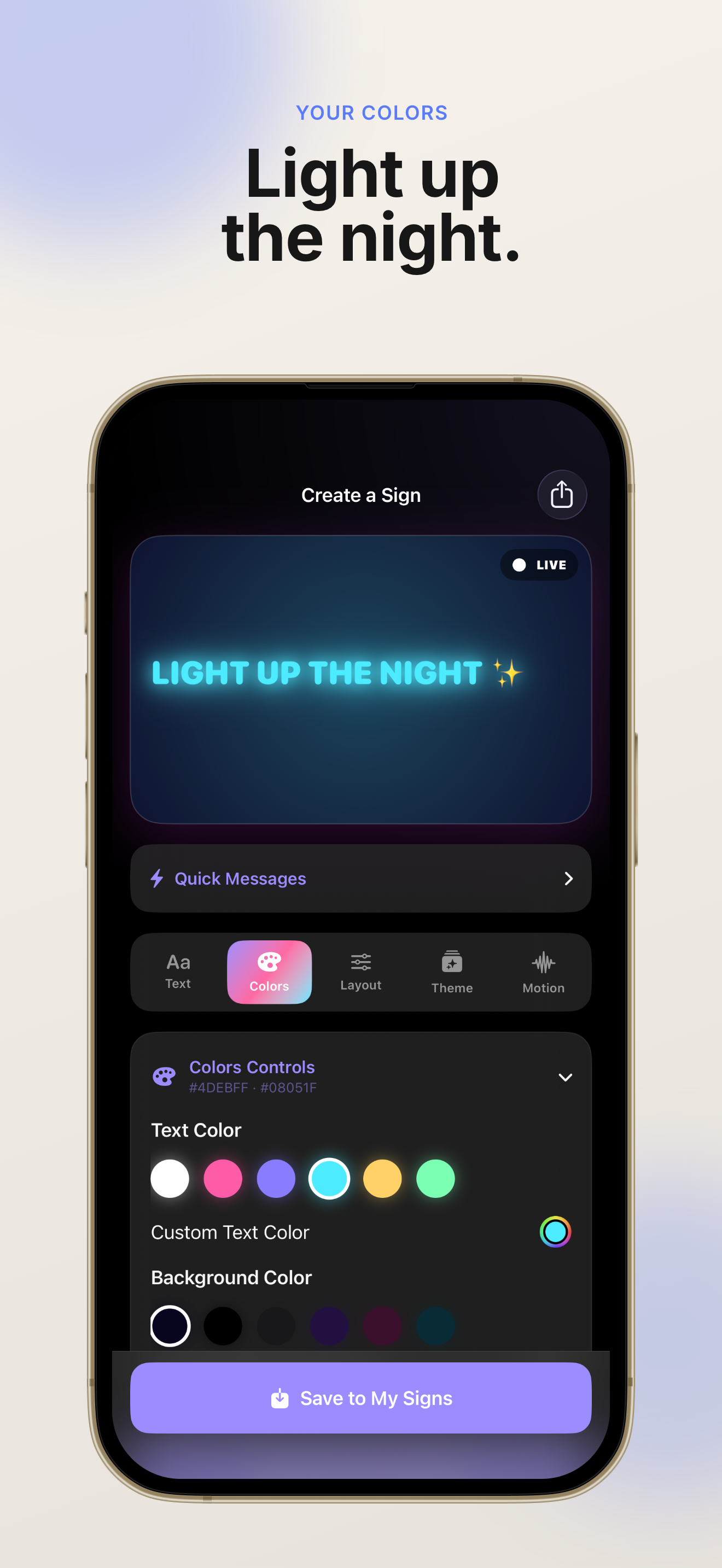 GlowSign editor for customizing text, fonts, and colors
