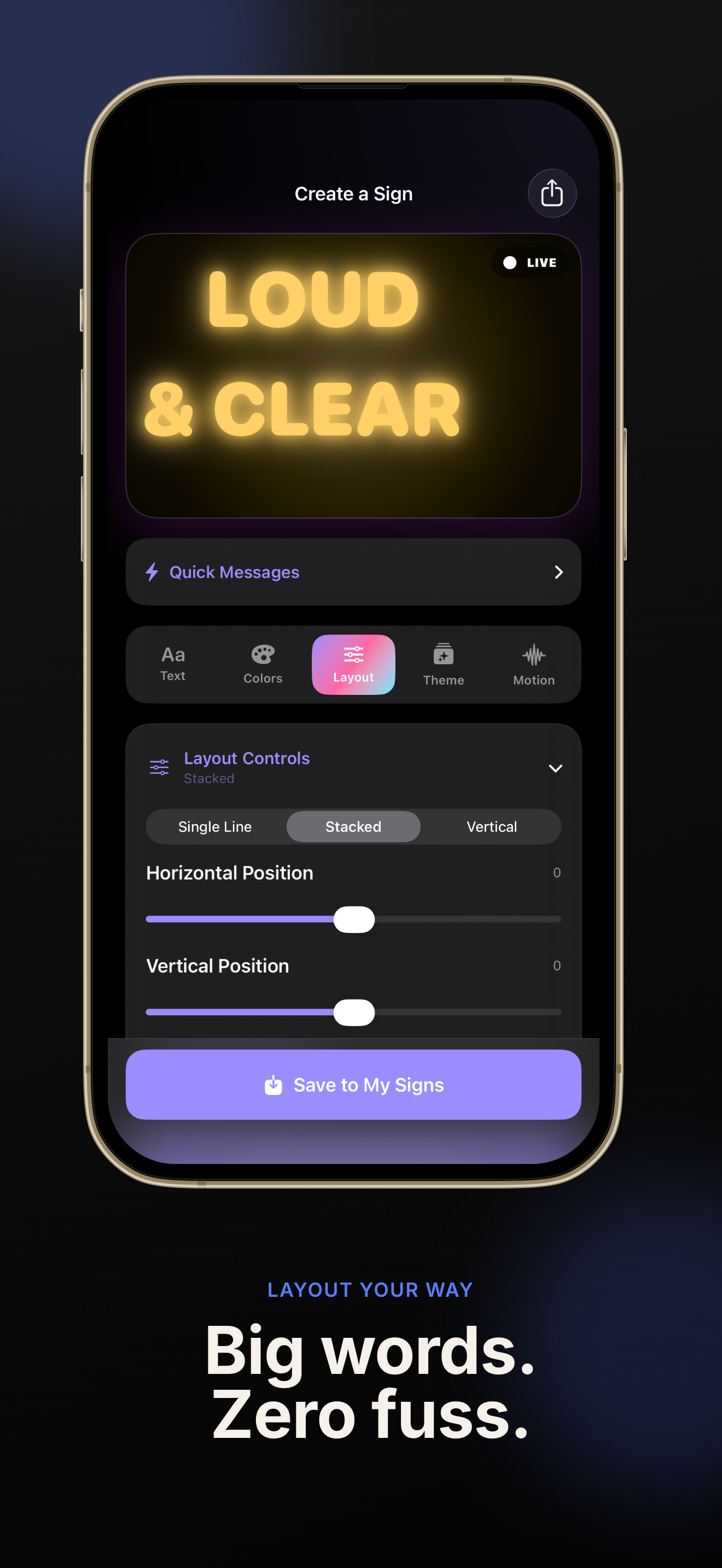 GlowSign layout controls for positioning your fan sign message