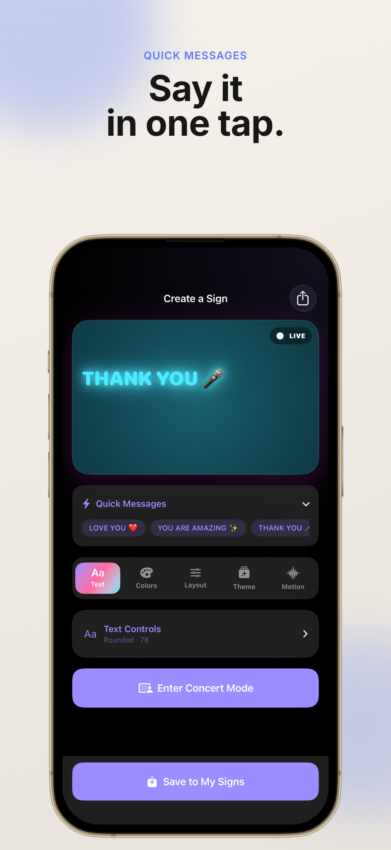 GlowSign Concert Mode with a bright full-screen fan sign