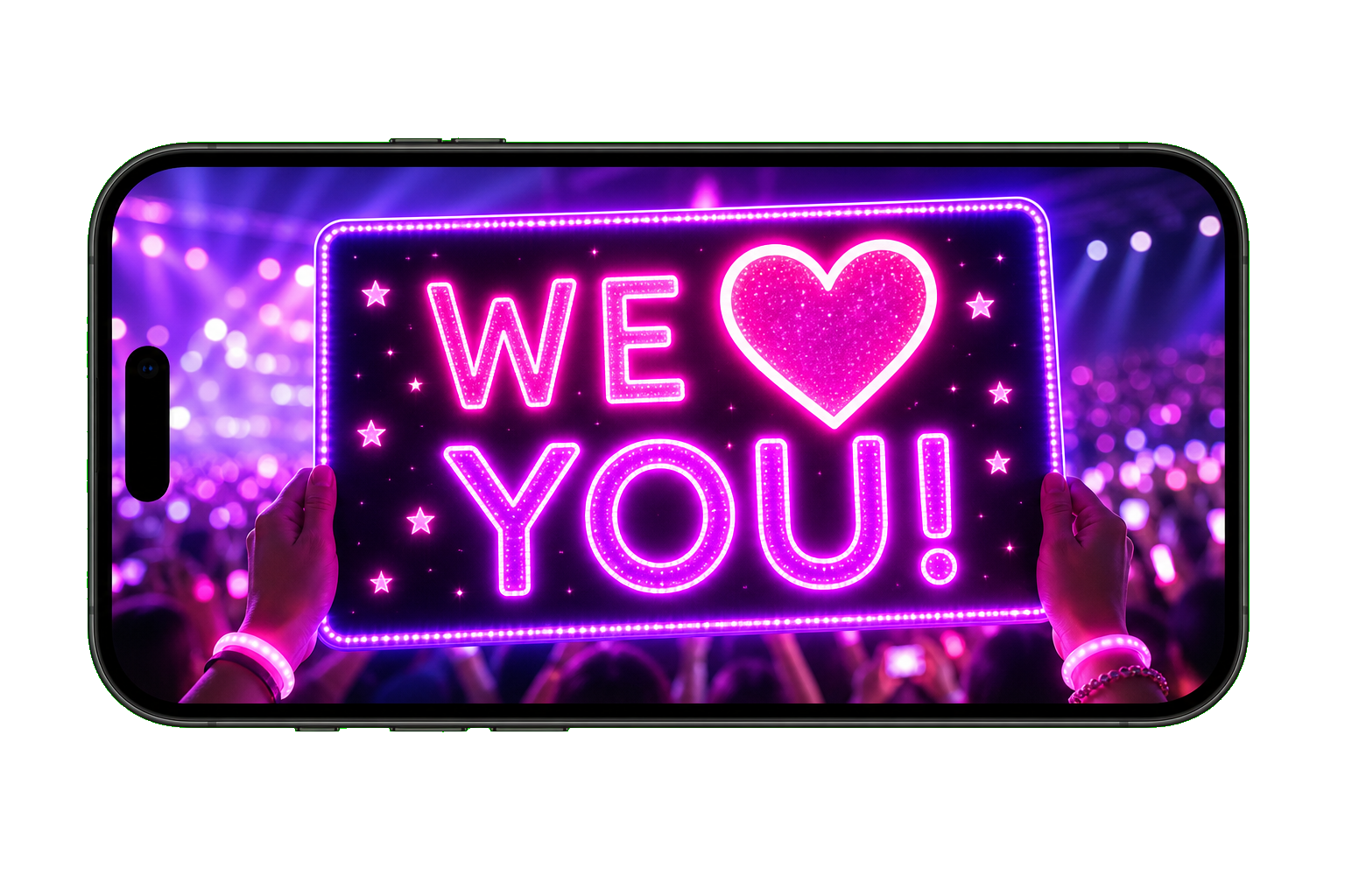 GlowSign Concert Mode showing a full-screen landscape fan sign