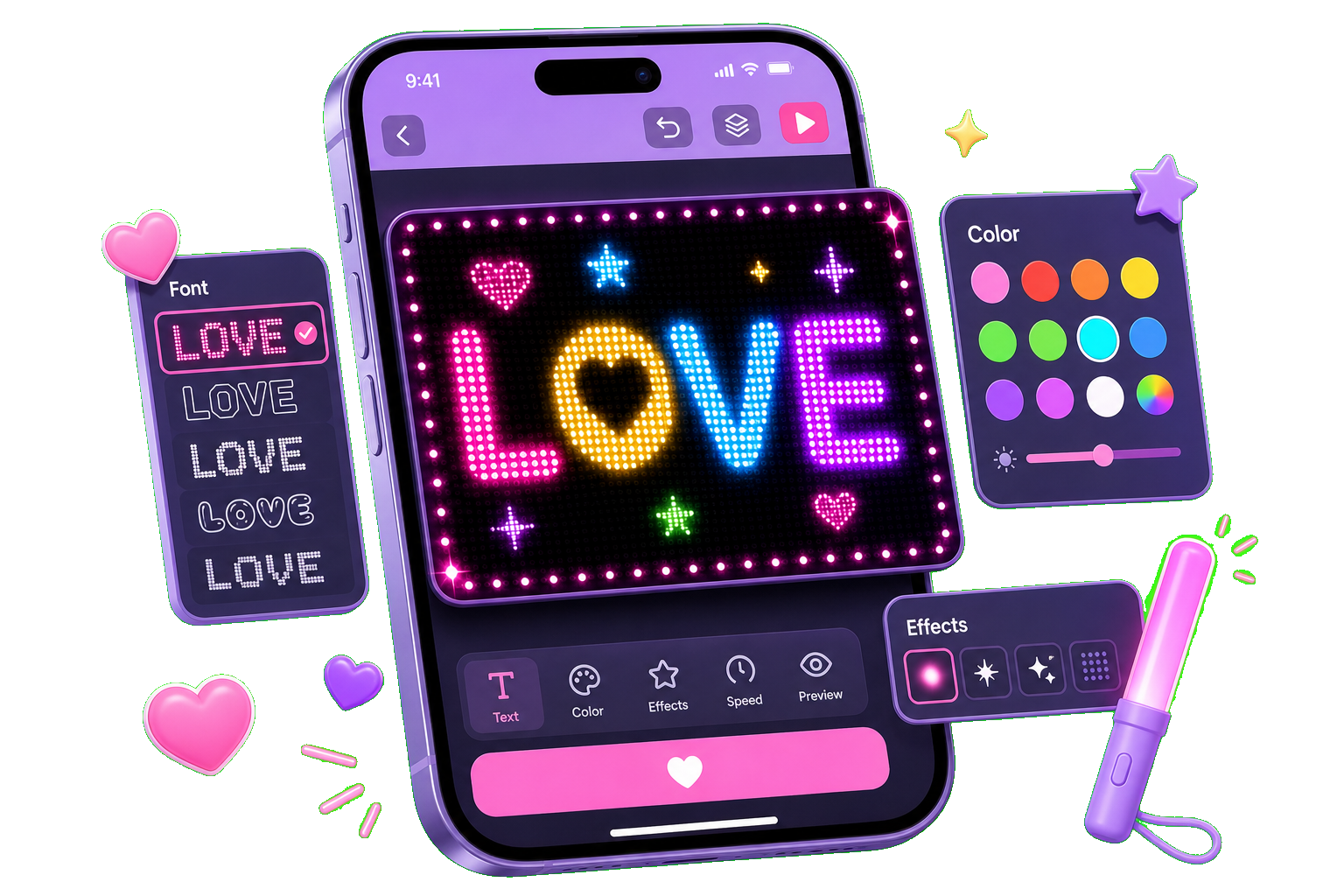 GlowSign sign editor with fonts, colors, and glow effects